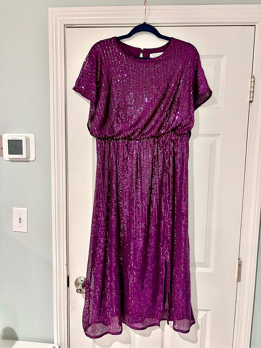 Jasambac Sequin Dress for Women Crew Neck Short Sleeve Sparkly Glitter Slit